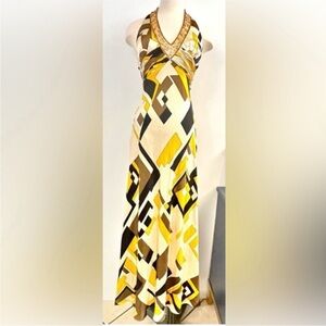 Nina Austin Empire Waist Geometric Yellow and Brown Halter Maxi Dress Size XS